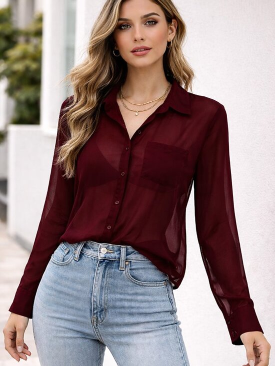 Full Tilt Tops - Full Tilt Sheer Burgundy Button-Down Blouse | Size M